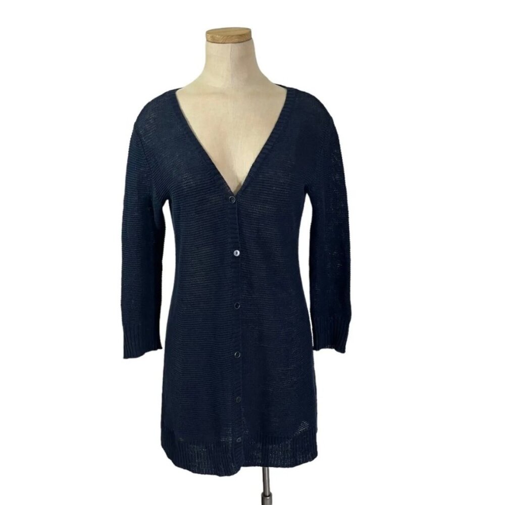 Eileen Fisher Navy Long Open Weave Button Cardigan